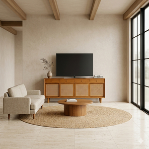 Solid Teak Premium Scandinavian Modern Living Room Luna Cane Teak <b>Sideboard</b> 4 Door 4 Drawer Buffet Cabinet Rattan Panels <b>Storage</b> - Product Image 3