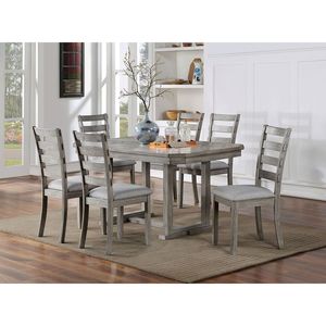 Set da Pranzo 6 Pezzi con Finitura Grigia, Tavolo e Sedie Laterali in Stile Rustico, Seduta in Tessuto, Collezione 7 Pezzi per Sala da Pranzo - Product Image 1