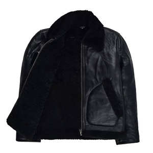 Veste en cuir noir pour homme avec col en fourrure noire, manteau aviateur en peau de mouton véritable, veste de motard chaude pour l'hiver - Product Image 3