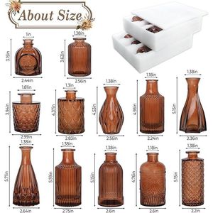 12-Piece <b>Small</b> Caramel Coffee Brown Etched Glass Bud Vase Set Unique Windowpane Shapes with <b>Weighted</b> Base for Display Windowsill - Product Image 6