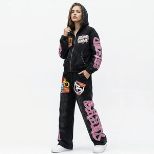 High Quality 400gsm Heavyweight Cotton Fleece Tracksuit Custom Acid Wash Full Zip Hoodie and Wide Leg Pants Set Men's Streetwear - Product Image 6