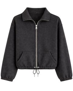 Sweat-shirt court zippé gris clair en polaire pour femme, col polo, poches avant, ourlet à cordon réglable, décontracté, chaud, style streetwear - Product Image 1