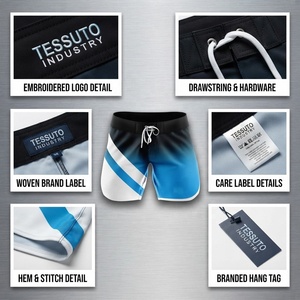 TESSUTO <b>Men</b>’s <b>Navy</b> Aqua Ocean Wave Print Drawstring Board <b>Shorts</b> Swim Trunks Beach Surf Swimwear Competitive Swimwear - Product Image 4