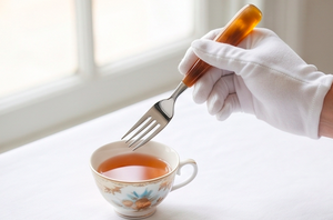 Juego de cuchara y tenedor de acero inoxidable de la colección Artisan con mango de imitación de caparazón de tortuga, pulido espejo, diseño vintage para fiestas y cafeterías. - Product Image 3
