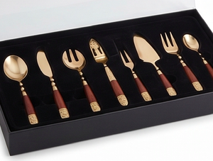 Ensemble de couverts élégants plaqués or avec manches en bois, résistants à la rouille, cuillère, couteau, fourchette, ustensiles de service, vaisselle de mariage - Product Image 6