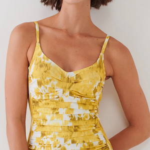 Traje de baño de una pieza para mujer, amarillo, con efecto tie-dye, cuello en V, cintura alta, fruncido, elástico, de spandex y poliéster estampado - Product Image 5