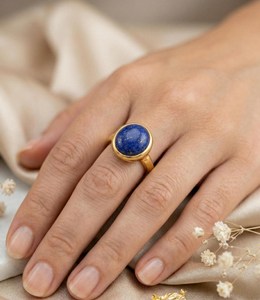 Natural Lapis Lazuli 8mm Cabochon Gemstone Christian Bohemian Gold Plated Minimalist <b>Ring</b> Bezel Setting Elegant Stackable - Product Image 1