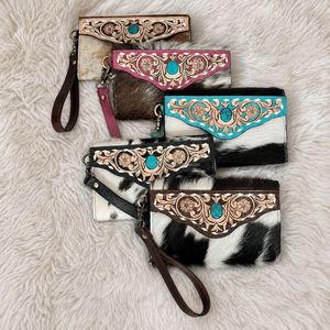 New Arrival Genuine Cowhide Fur Leather Clutch Wallet Luxury Turquoise Concho Hand Tooled Floral <b>Wristlet</b> Purses For Women's - Product Image 4