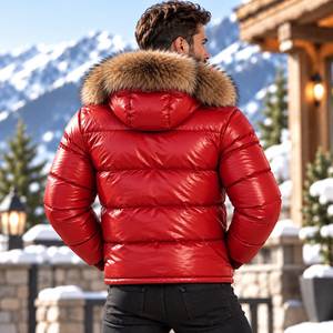 Genuine Sheep Leather Winter Bomber Bubble <b>Jacket</b> With Fox <b>Fur</b> <b>Hood</b> | Piumino Lucido Uomo | Chaqueta Brillante | Lederjacke - Product Image 4