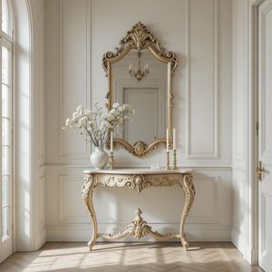 Ornate gold <b>console</b> table and <b>mirror</b> set features intricate rococo style carvings and a slender curved silhouette for indoor use - Product Image 2