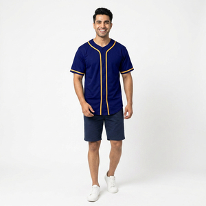 Camiseta de Béisbol Azul Marino con Botones y Detalles Dorados, Transpirable, Deportiva, de Poliéster/Algodón, Cuello en V - Product Image 3