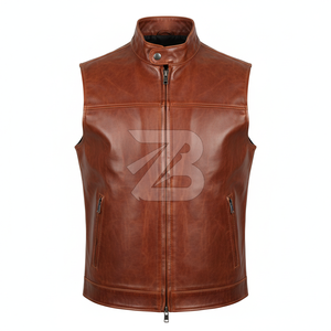 Chaleco de Cuero Genuino para Hombre, Color Cognac, Cuello Alto, Cierre Frontal con Cremallera, Chaleco de Motociclista, Marca Privada OEM, Chalecos y Chaquetas para Hombre - Product Image 1