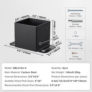 Staffe per Pali in Legno Nero Opaco 6x6, Ancoraggi Rinforzati Verniciati a Polvere, 4 Pezzi, Dimensione Interna 5.6"x5.6" per Pergola, Gazebo e Padiglione - Product Image 3