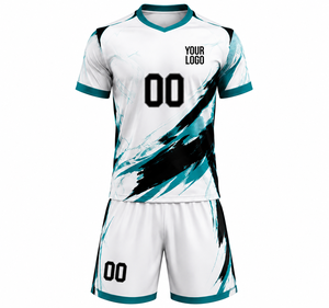 Ensemble maillot et short de football personnalisé imprimé par sublimation, col en V, anti-transpiration, respirant, unisexe, pour adulte, idéal pour l'été et respectueux de l'environnement - Product Image 1