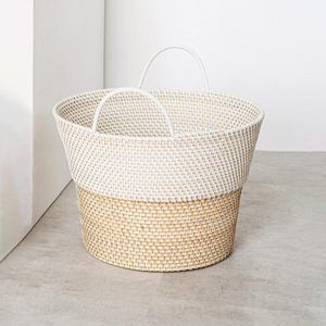 Two tone rattan <b>storage</b> <b>baskets</b> versatile home organizer handmade <b>basket</b> for grocery laundry <b>toy</b> - Product Image 1