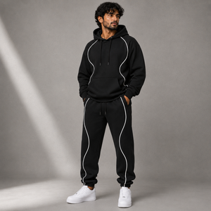 Men's Black Hooded Tracksuit Set with White Contrast Piping Pullover Hoodie and Jogger Pants for Casual Sportswear - Product Image 2