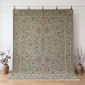 Tapis Oushak vert sauge vintage, tissé à la main, en laine, à motifs floraux, réversible, avec envers en latex, tapis traditionnel pour chambre à coucher et salon - Product Image 1