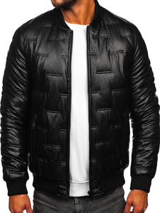 Men's Black PU Bomber <b>Jacket</b> Windproof Zipper Closure Padded Winter Moto Style Thick Solid Color Regular Fit - Product Image 1