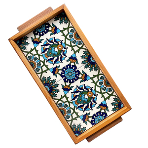 Plateau de service en bois de style marocain fait main avec décoration en carreaux de céramique, motif floral bleu et blanc, plateau décoratif en solde - Product Image 1