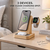 Station de charge magnétique 3-en-1 en bambou pour iPhone, Apple Watch et AirPods - Organisateur de bureau moderne et écologique avec câble dissimulé pour chevet