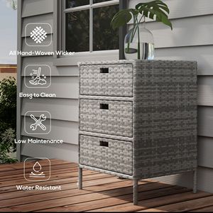 Mobiletto portaoggetti a 3 cassetti in rattan grigio, organizer per piscina in vimini PE con portasciugamani da esterno - Product Image 6