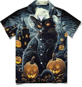 Camisa Hawaiana para Hombre, Estampado de Gato Negro y Calabaza de Halloween, Manga Corta, Cuello Camisero, Estilo Veraniego - Product Image 2