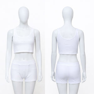 ชุดเซ็ตเสื้อครอปท็อปและกางเกงจ็อกเกอร์ขาสั้นผ้าถักลำลองสีพื้นสำหรับผู้หญิงปี 2024  แบบสองชิ้น พร้อมเสื้อยืดปักโลโก้ตามสั่ง ผ้าฝ้าย 100% - Product Image 1