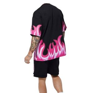 Ensemble t-shirt et short deux pièces style rue haute pour homme Tissu peigné 100% coton 220gsm Motif solide Taille élastique Séchage rapide - Product Image 4