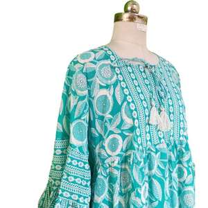 Robe maxi en coton durable à imprimé bloc pour femmes, robe ample de style bohème, col rond, robe décontractée - Product Image 1