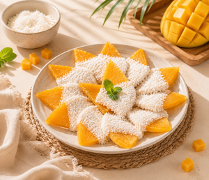Crispy Coconut Flakes and 65% Cocoa White Chocolate on Soft Dried Mango Slices for Tropical Gourmet Snacking - Product Image 5
