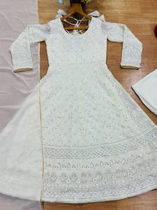 Robe Anarkali en coton blanc avec broderie, longueur au sol, tenue traditionnelle indienne et pakistanaise pour mariage, coupe classique pour femme - Product Image 1