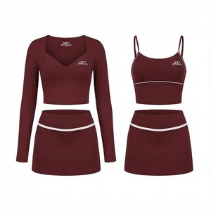 North Approach 2 Piece Yoga Set Deep V Neck Spaghetti Strap Crop Top High Waist <b>Skirt</b> Solid Burgundy Breathable Sportswear - Product Image 1