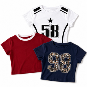 เสื้อยืดเทรนด์แฟชั่นสีน้ำเงินเข้ม พิมพ์ลายเสือดาวแบบกำหนดเอง พร้อมหมายเลข เสื้อผู้หญิง แขนสั้น ผ้าฝ้ายลำลอง ทรงครอปท็อป แต่งลายปัก - Product Image 5