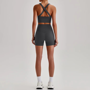 Ensemble de sport pour femme : soutien-gorge bleu clair uni et short taille haute, dos ajouré, sans couture, respirant, en Spandex et Polyester, pour l'entraînement - Product Image 3