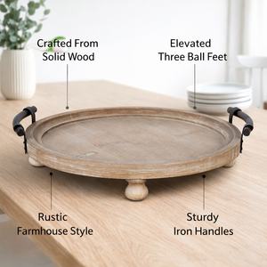 Plateau rond en bois robuste avec poignées, finition rustique, plateau de service pour le petit-déjeuner, le thé, la table basse, l'ottoman, la décoration de la maison - Product Image 5