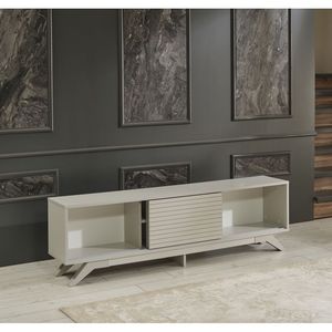 Mobile TV FurnisHome Store Luxia 67 Pollici Stile Mid-Century Moderno Grigio con 2 Ante Scorrevoli e 2 Ripiani, Unità a 4 Cassetti - Product Image 3