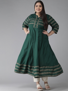 Kurti Anarkali Verde de Rayón con Estampado Floral, Talla Grande, Cuello Redondo, Manga Tres Cuartos, Vestido Étnico Informal Festivo para Mujer, Venta al Por Mayor - Product Image 1
