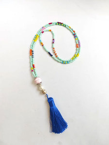 Collar de borlas con cuentas de menta hecho a mano, borla azul, estilo bohemio, joyería larga y llamativa, regalo para mujer - Product Image 3