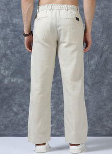 Premium Cotton <b>Trousers</b> <b>For</b> <b>Men</b> Beige Solid Relaxed Fit Mid Rise Regular Pants With <b>Elasticated</b> Waistband And Drawstring Closure - Product Image 4