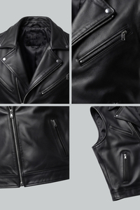 <b>Men's</b> <b>Black</b> Genuine Leather Casual Lace Moto <b>Vest</b> V-neck Zipper Closure Plus Size Regular Fit Solid Color Outerwear - Product Image 4