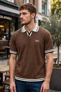 ONETEN APPARELS Camisa de Punto para Hombre, Manga Corta, Casual, Color Marrón Sólido, Cuello con Ribete, 100% Poliéster, Bordada, Transpirable - Product Image 5