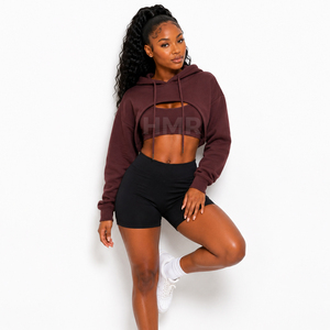 HMR Sorority Sisterhood Sweat à capuche court bordeaux à manches longues avec découpe, couleur unie, pour l'automne - Product Image 3