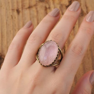 Rose Gold Bezel Setting <b>Ring</b> | Large Oval Gemstone Vintage Statement Jewelry | IGI Certified Wholesale Pink <b>Quartz</b> <b>Rings</b> - Product Image 1