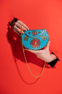 AUREVIA CRAFTS Handmade Antique Imitation Yellow <b>Red</b> Brass Mosaic Floral Design Golden Chain <b>Clutch</b> for Wedding Party Wear - Product Image 4