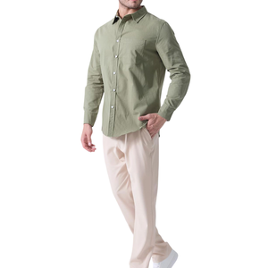 Chemise en lin vert pour homme, manches longues, couleur unie, col rabattu, style décontracté avec poches, respirante, coupe classique - Product Image 2