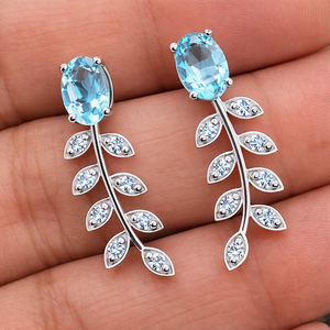 Boucles d'oreilles pendantes tendance pour femme en argent sterling fin plaqué rhodium, avec topaze bleue et zircon cubique en forme de feuille, pour anniversaire et fiançailles - Product Image 4