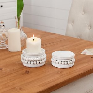 Support de bougie en bois perlé blanc vieilli, style rustique chic, rond, pour centre de table - Product Image 5