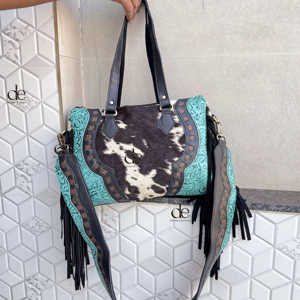 กระเป๋าโท้ทหนังวัวแท้สไตล์ตะวันตก  งานแกะสลักด้วยมือ  พร้อมพู่หนัง  กระเป๋าถือหนังทันสมัยสำหรับผู้หญิง  ใช้งานได้หลากหลาย - Product Image 1