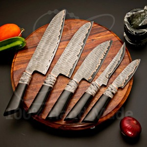 Custom Handmade 5-Piece Chef <b>Set</b> in Copper Damascus Steel with Copper & Resin Handles Leather Sheath-<b>Sharp</b> <b>Knives</b> Ambidextrous - Product Image 1