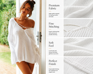 Pull en tricot côtelé blanc à épaules dénudées, style japonais, éco-responsable, à manches longues, pour femme, grande taille, décontracté, pour l'hiver et l'automne - Product Image 5